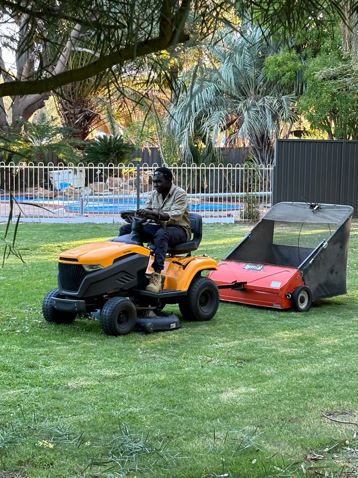 Ride-on mower finishing a Perth backyard lawn